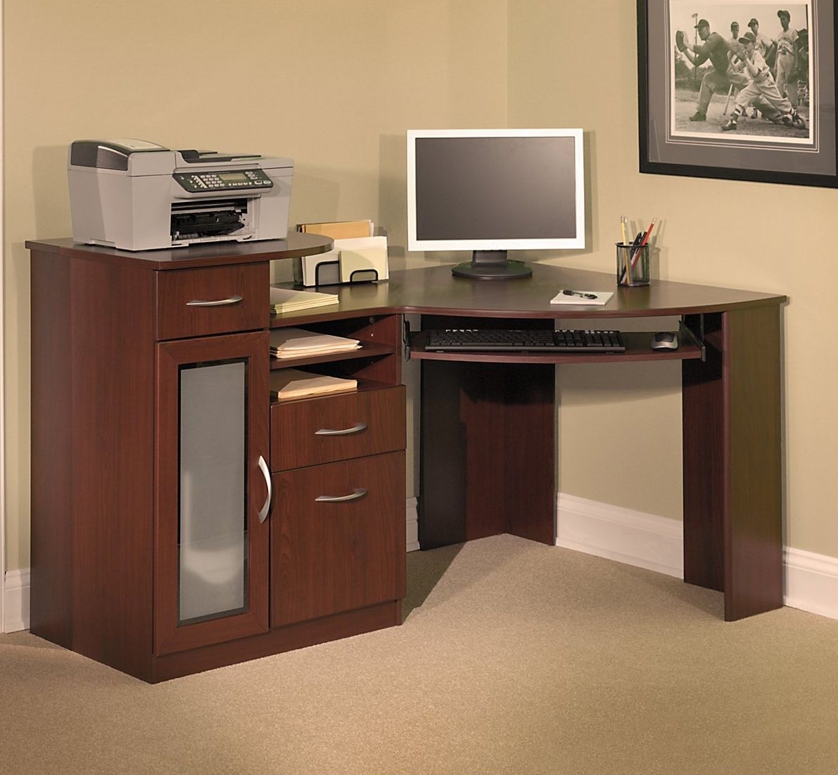 corner computer desk with printer shelf