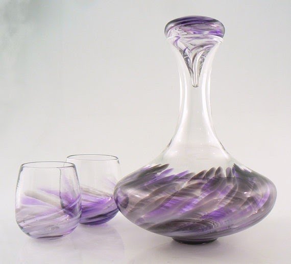 Hand blown glass wine decanter set in deep smokey purple