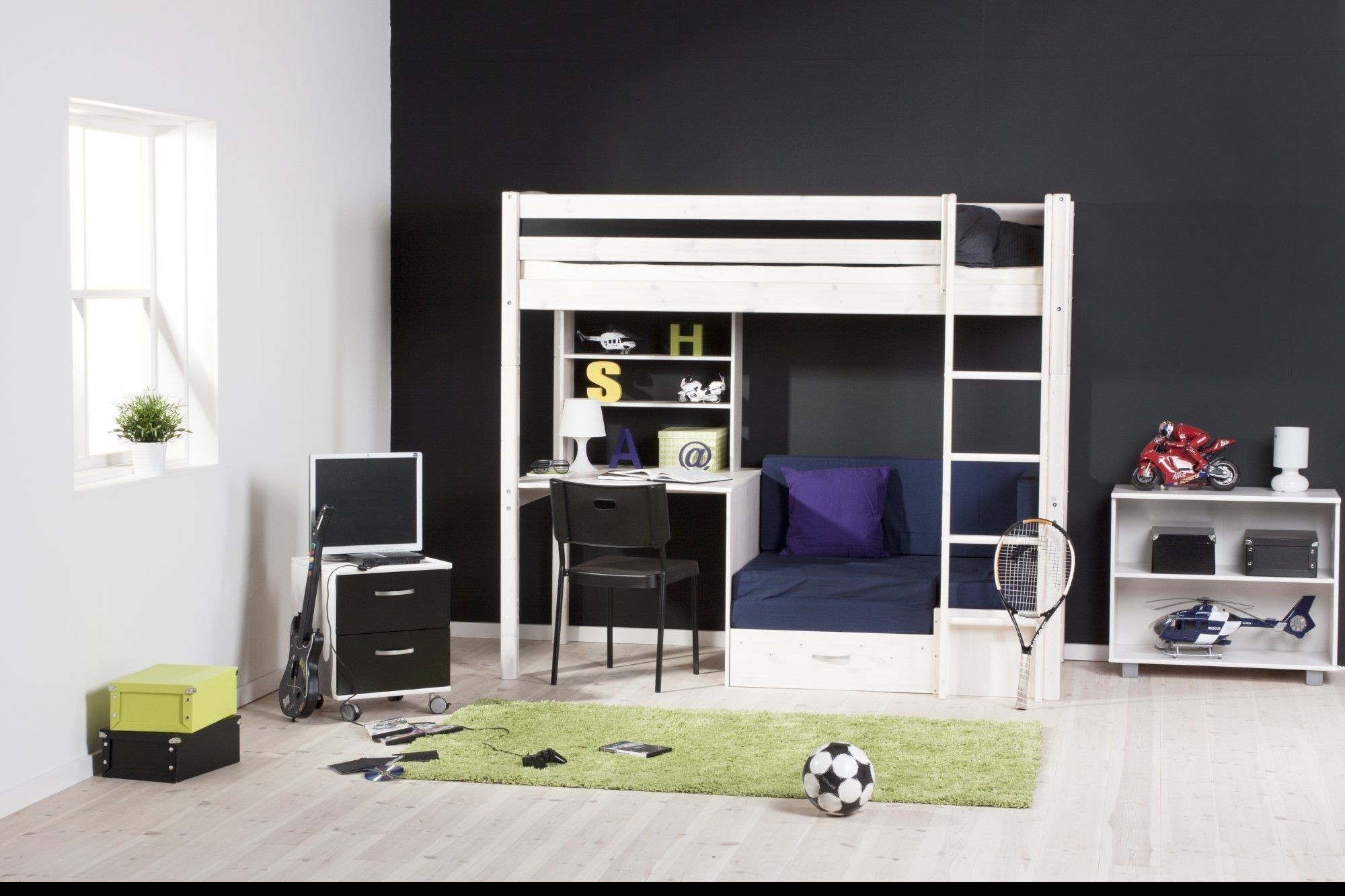 loft bed with desk and couch underneath