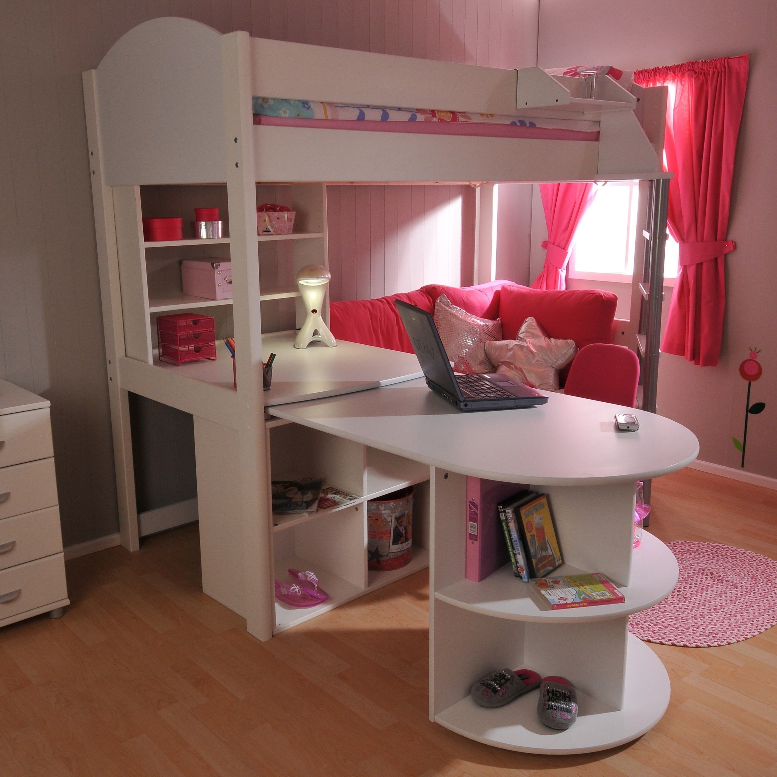 pink bunk bed with desk