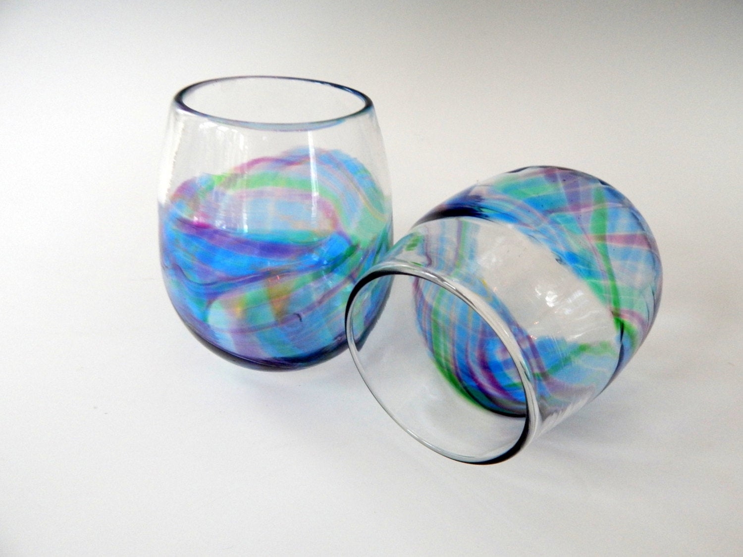 Set of 2 hand blown art glass stemless wine by