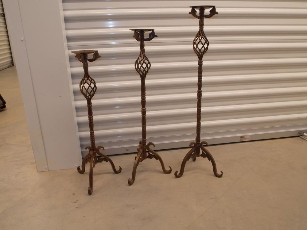 3 Wrought Iron Floor Candle Holders Set Antique Finish Ex Cond