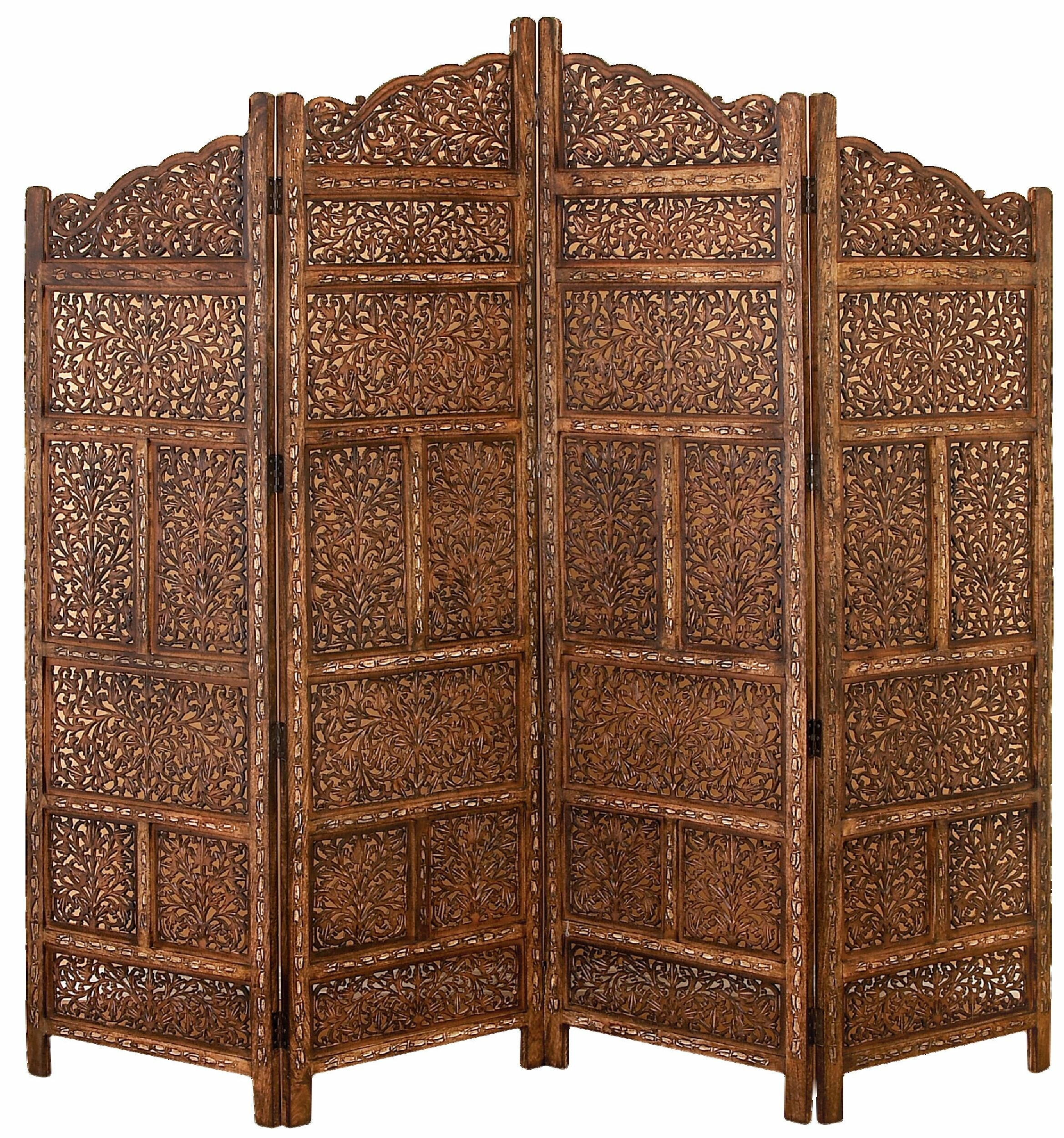 4 Panel Moroccan Style Hand Carved Solid Wood Screen Room Divider, Brown Finish