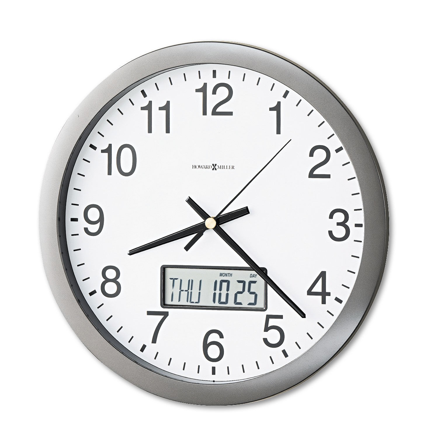 A wall clock by howard miller that also shows the
