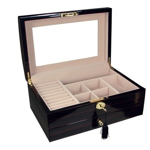 High Gloss Wood Jewelry Box, Dark Wood. Free Jewelry repair kit included.