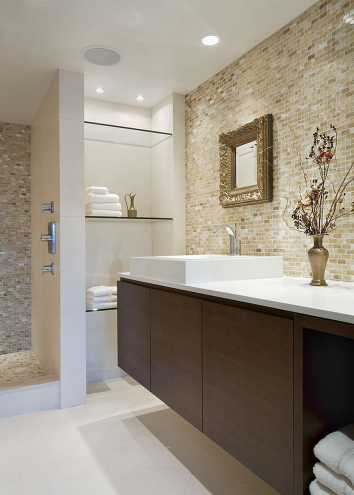 Elegant Bathroom with Glass Shelves in the Shower Niche