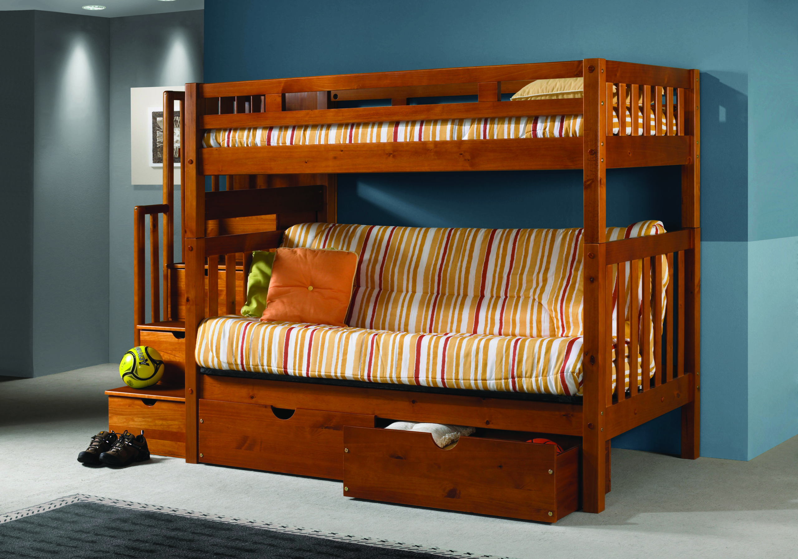 Wood bunk beds with stairs