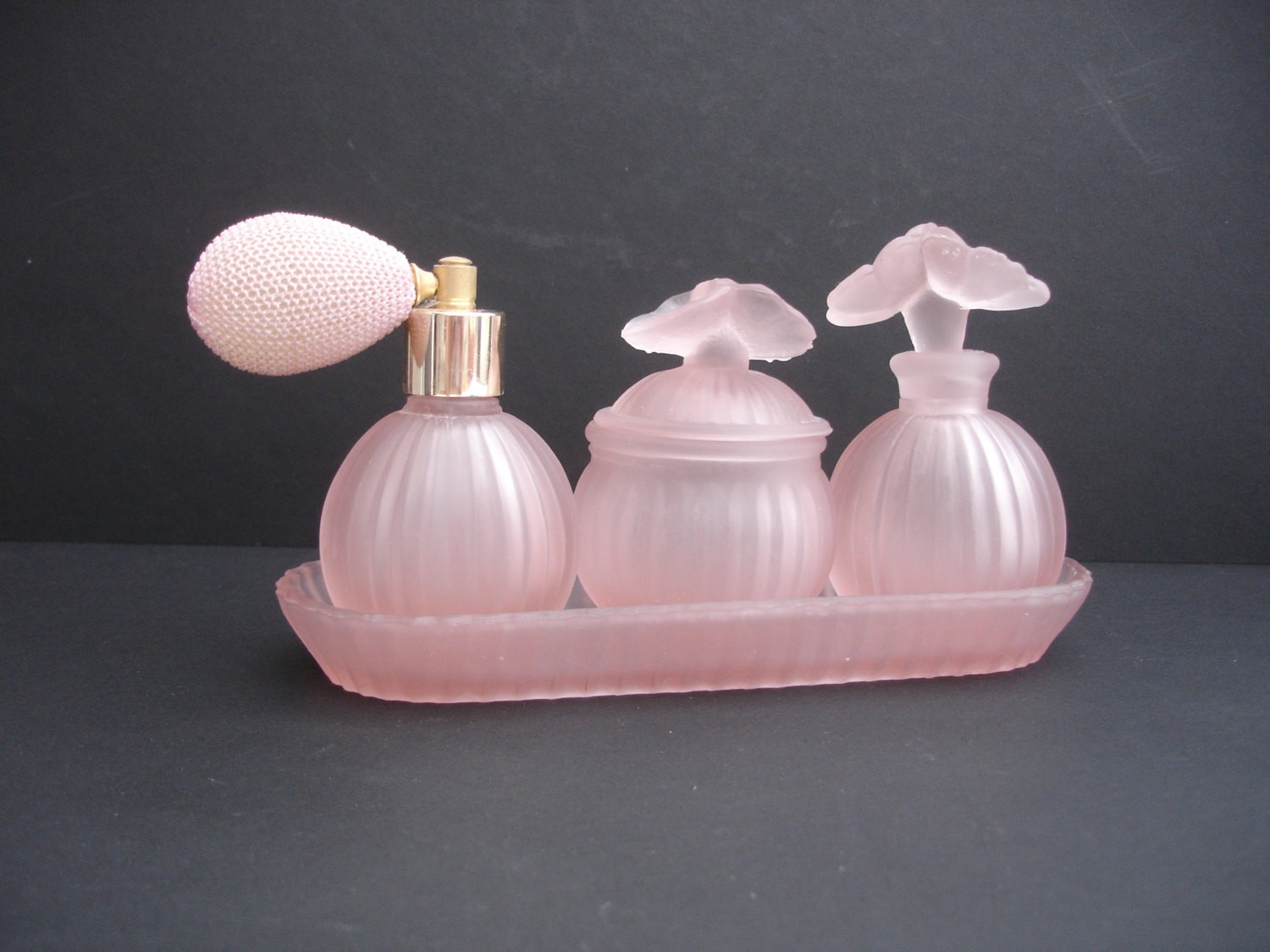 1930s pink depression glass vanity set