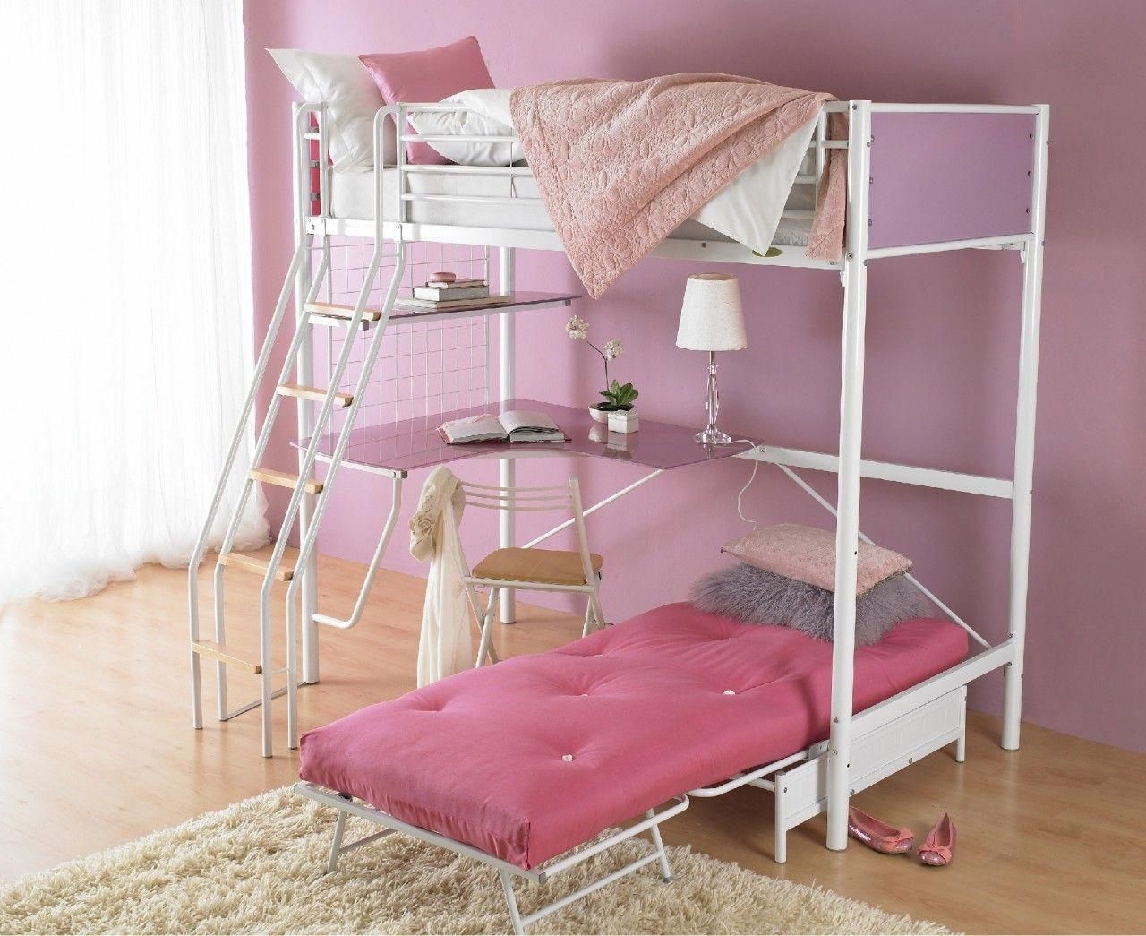 metal high sleeper with desk and futon