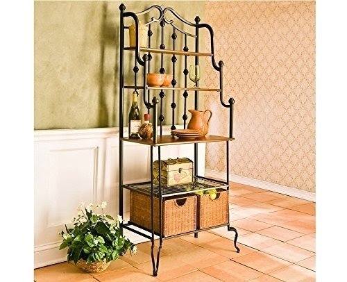Durable Metal Bakers Rack with Storage Baskets and Wood Shelf, Makes a Great Microwave Stand