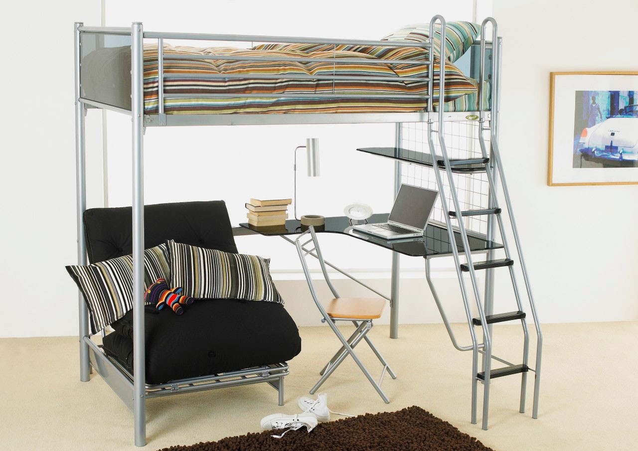 Metal high sleeper with desk and on sale futon