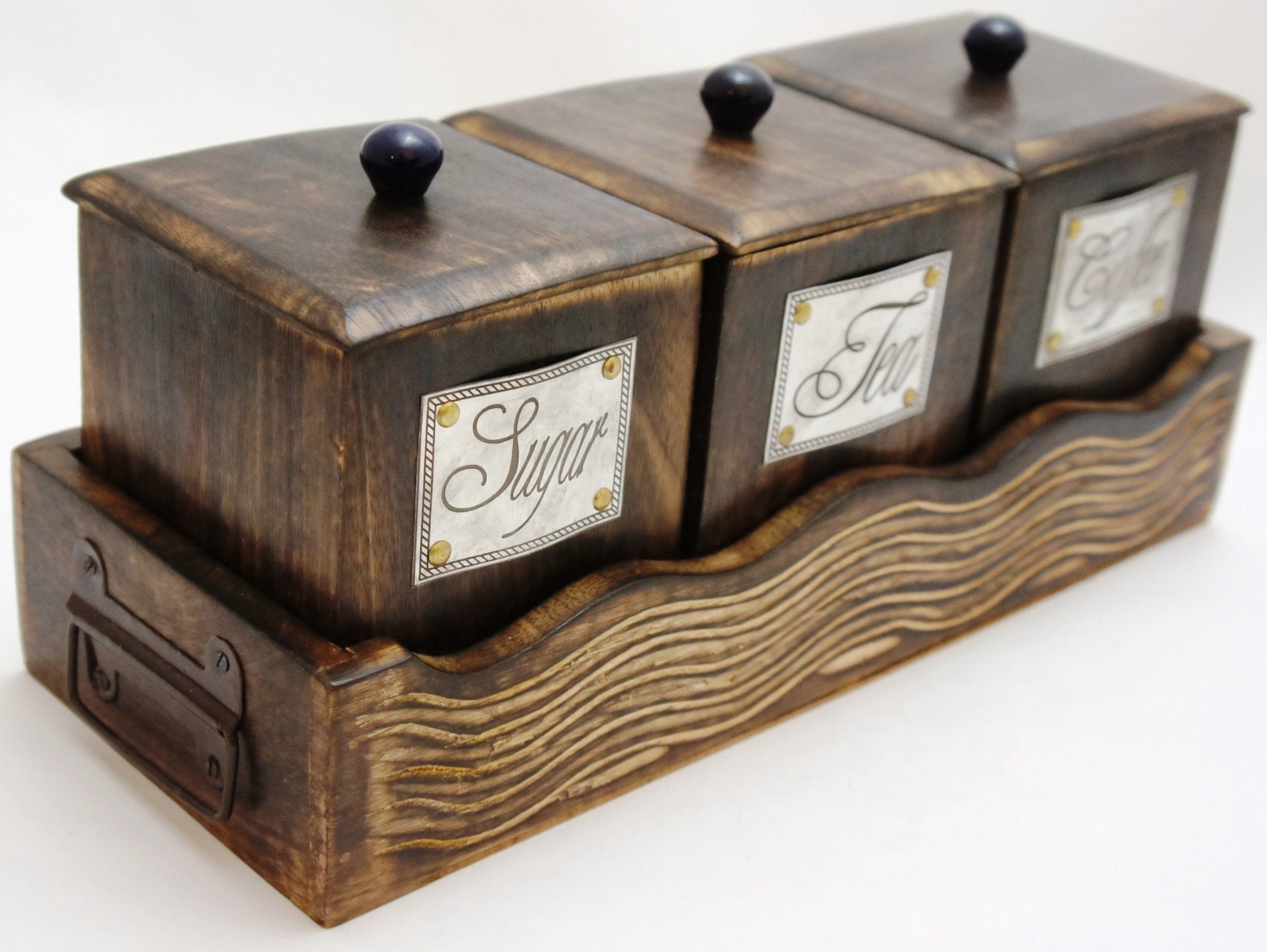 Handcrafted Wooden Antique Look Tea Coffee Sugar 3 Piece Canister Set Made of Mango Wood Large