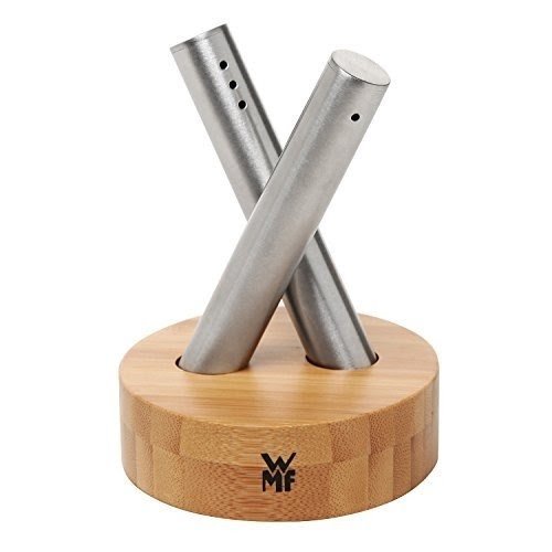 Modern Criss-Crossing Brushed Stainless Steel Salt & Pepper Shakers w/ Round Bamboo Wood Base Stand