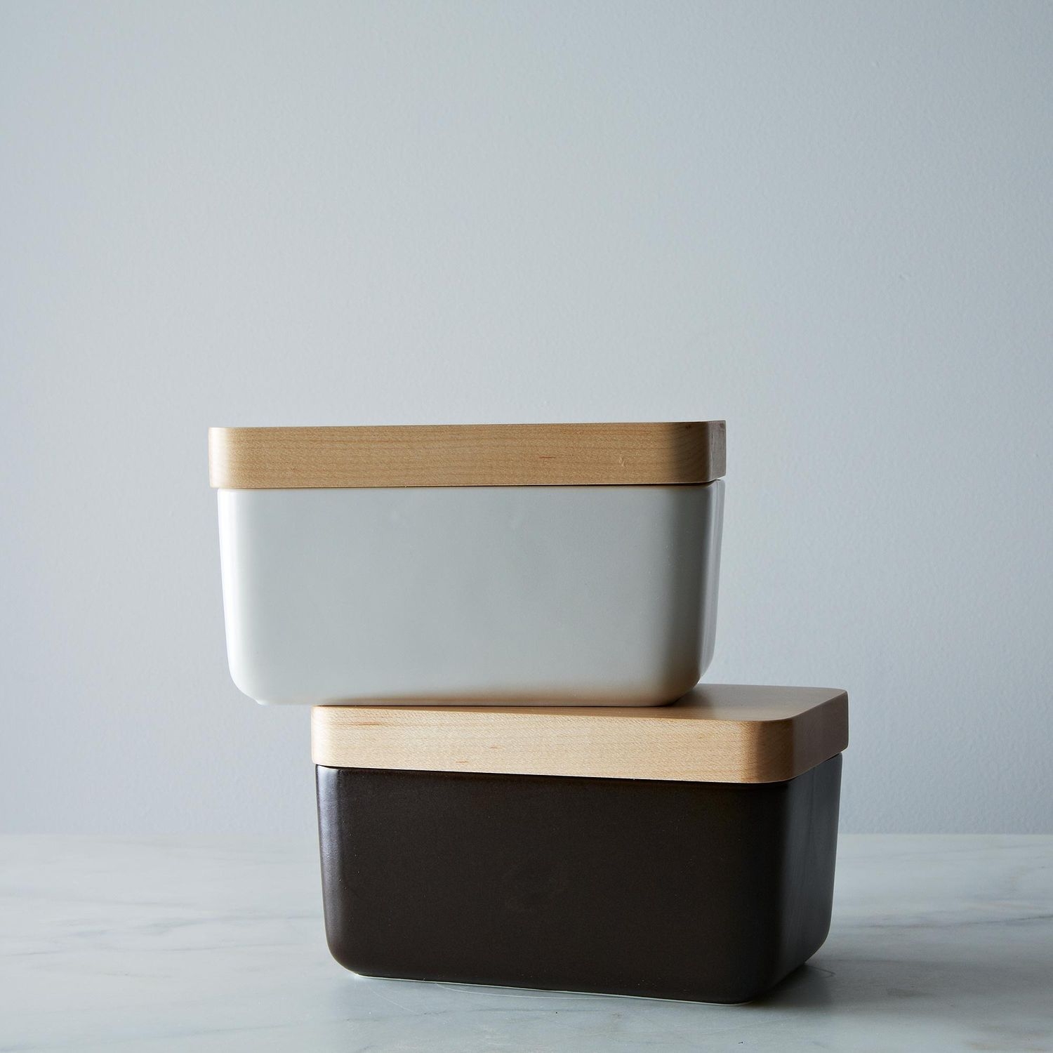 Modern porcelain butter dish with maple lid from japan on