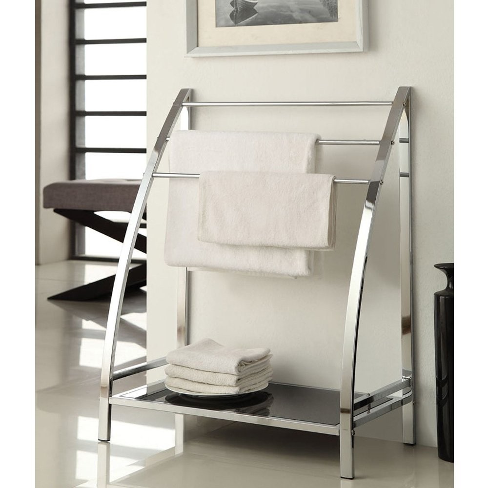 Modern Silver Metal Chrome Accent Blanket Quilt Towel Rack Stand Bottom Shelf