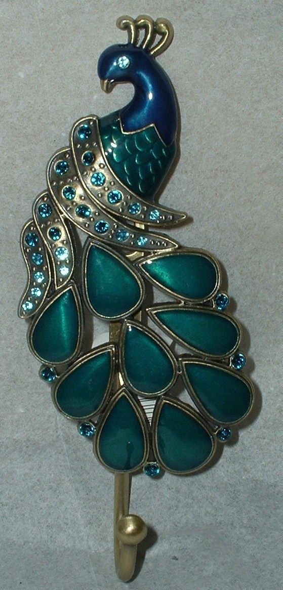Peacock Wall Art Plaque Metal Hook Hanger Jeweled Decor Bird Feathers Turquoise