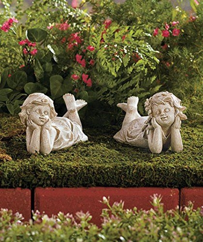 Set of 2 Ceramic Children Best Friends Garden Yard Statues 7-1/2" X 4" X 3-1/2", Each