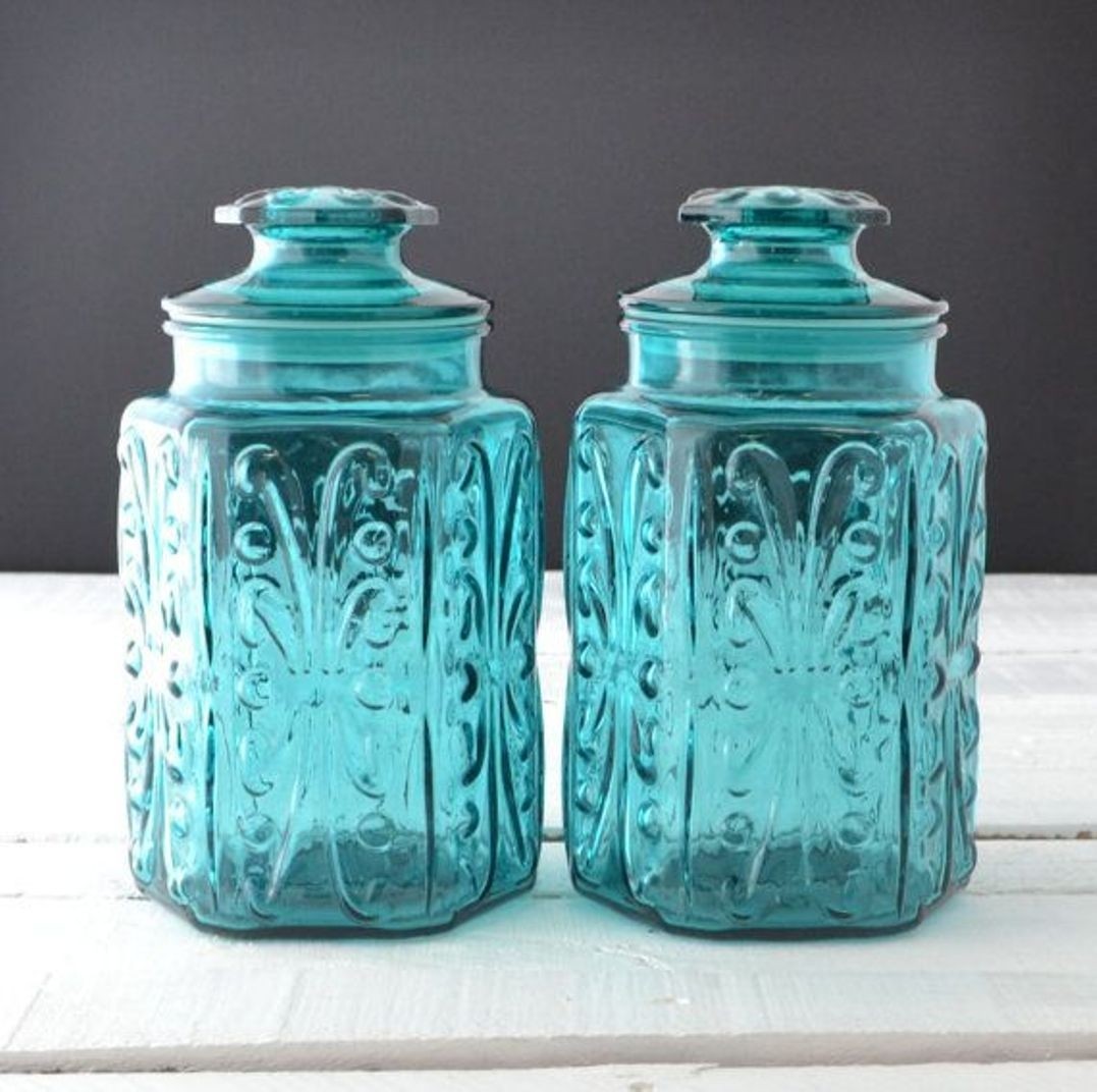 Teal Glass Canisters Vintage Kitchen