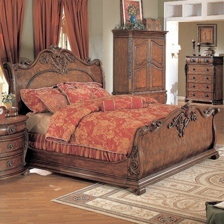 Traditional elegant cherry brown queen sleigh bed only bedroom furniture