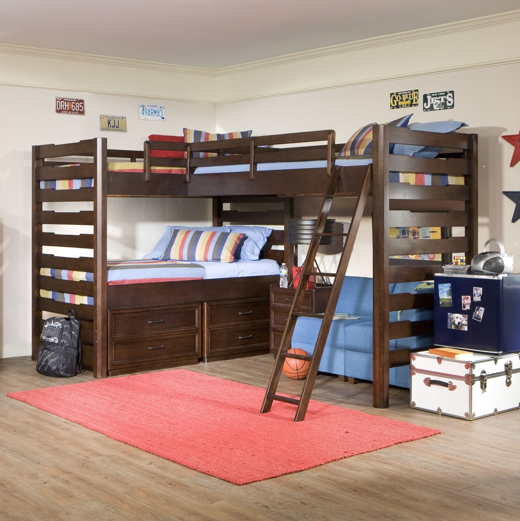 triple bunk beds with stairs and storage