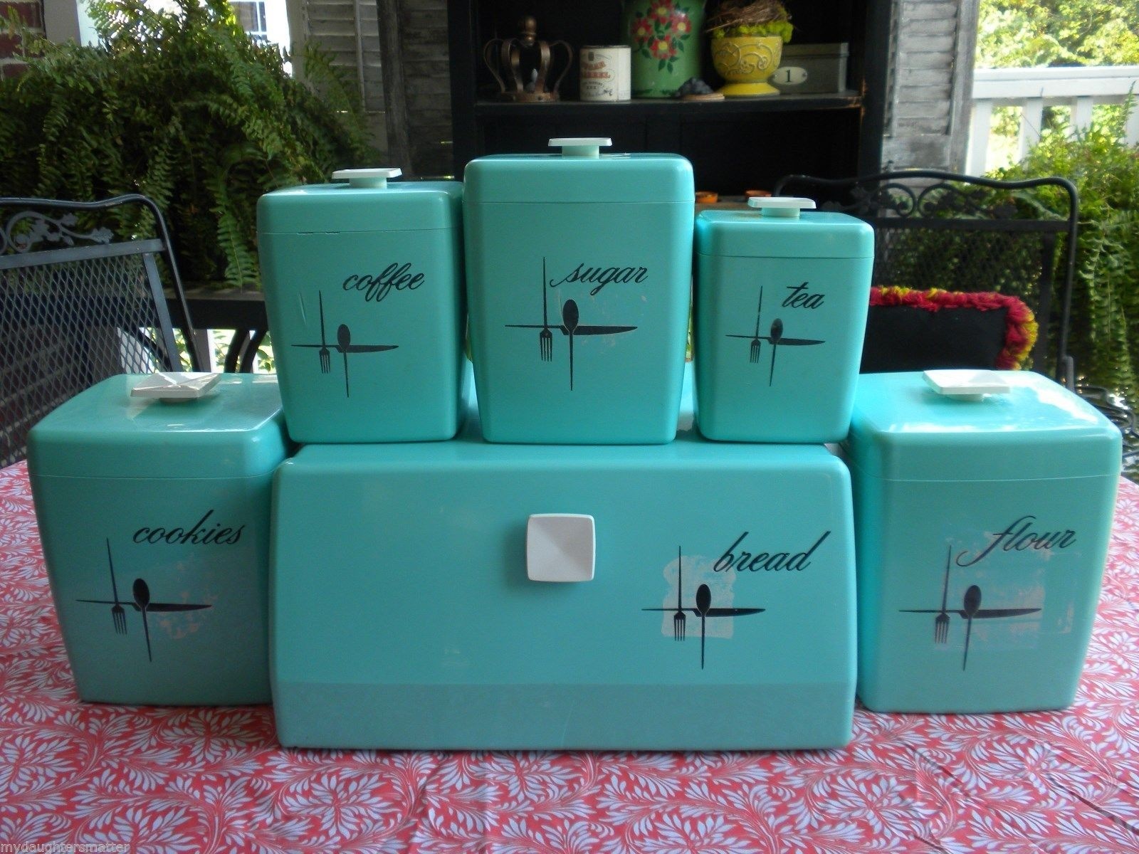 Vintage Atomic Aqua Blue 11 Pc Lustro Ware Canisters Plus Matching Bread Box