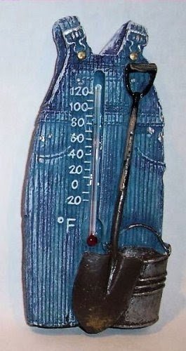 "ABC Products" - {Final Close-Out} ~ Outdoor or Indoor - Thermometer - Farmer's Overalls Design - Wall Hanging -Old Country Vintage Design (Blue Finish - Accented With Shovel and Bucket)