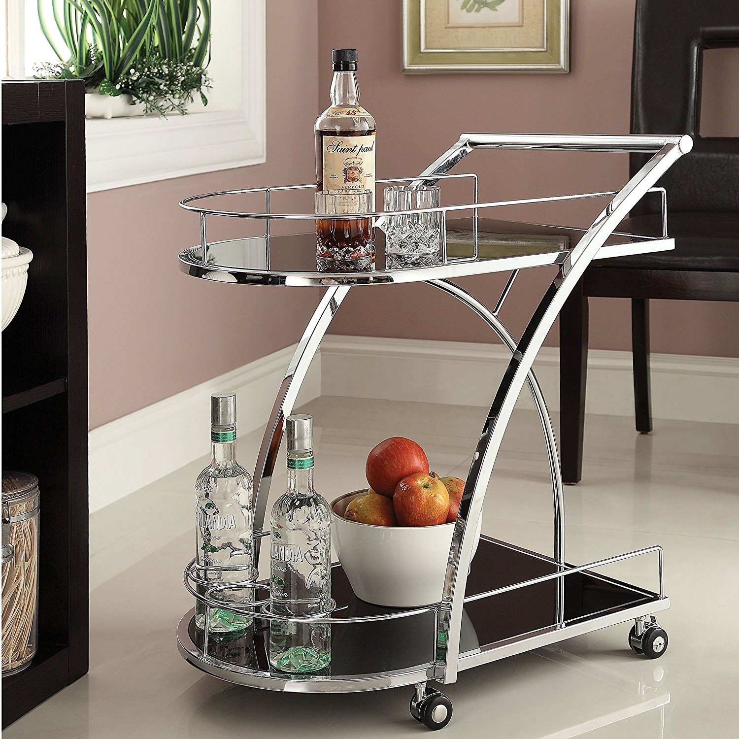Chrome Metal With Black Tempered Glass Bar Wine Tea Serving Cart