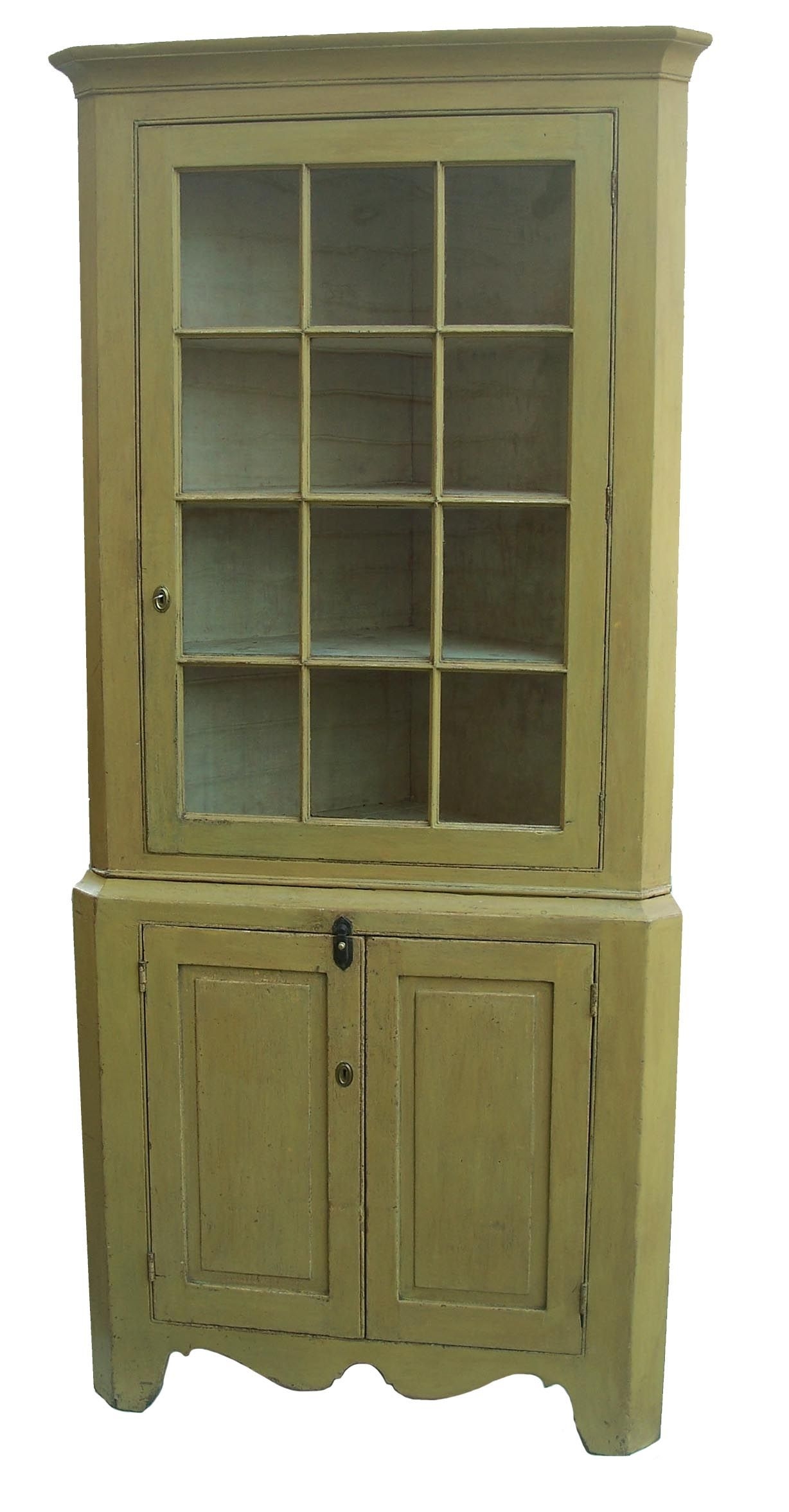 Early 19th century pennsylvania twelve pane two piece corner cupboard