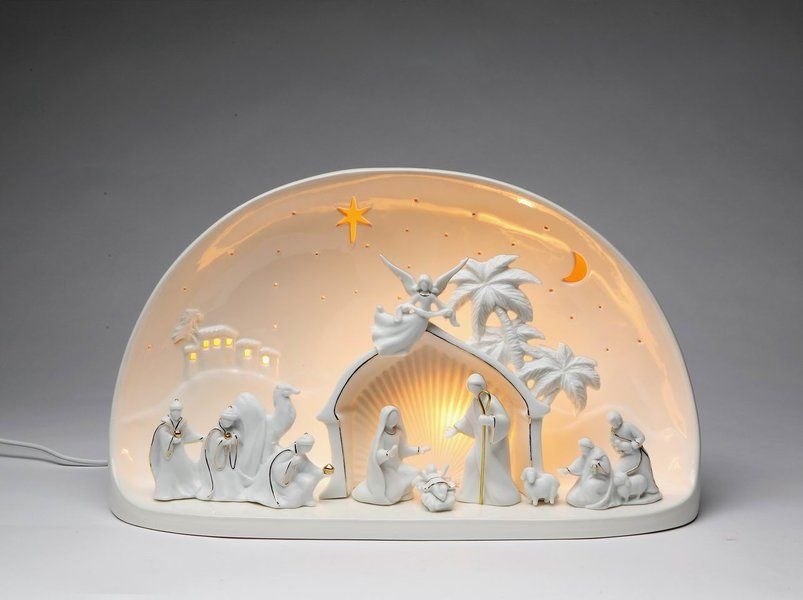 Festive Porcelain Nativity Scene in Dome Decorative Night Light