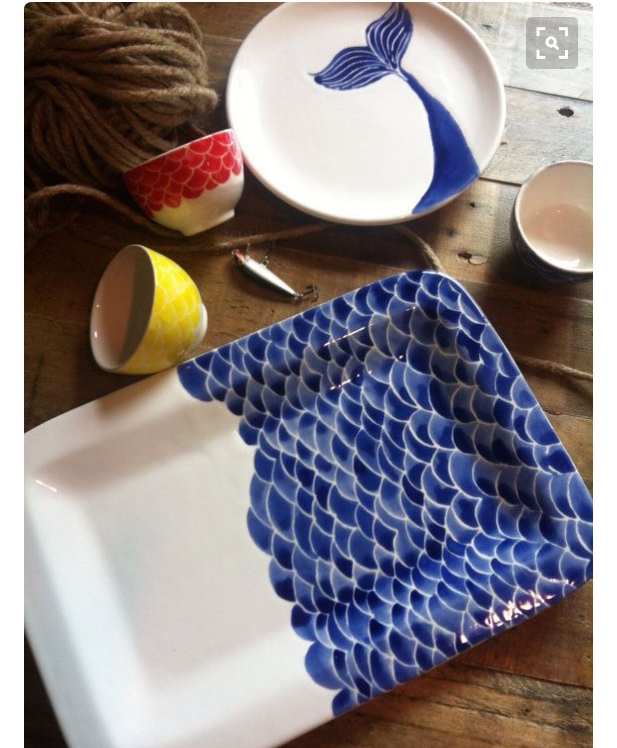 Fish scale ceramic serving platter navy