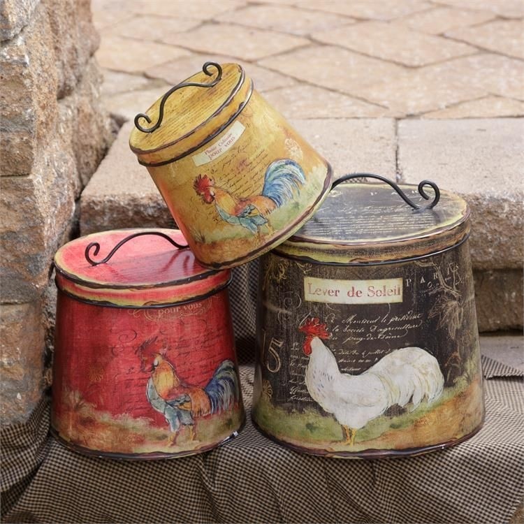 French country farmhouse chic set 3 hen rooster chicken canister