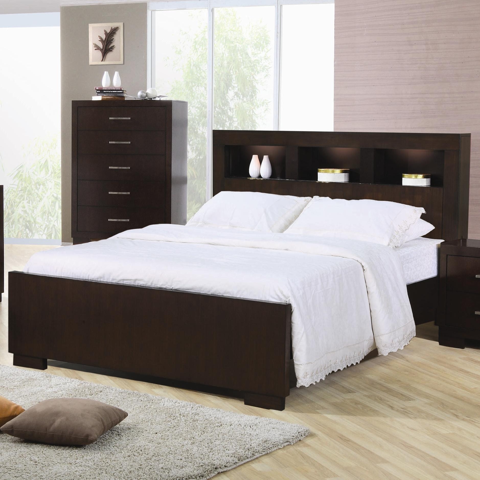 California king bed with shop bookcase headboard