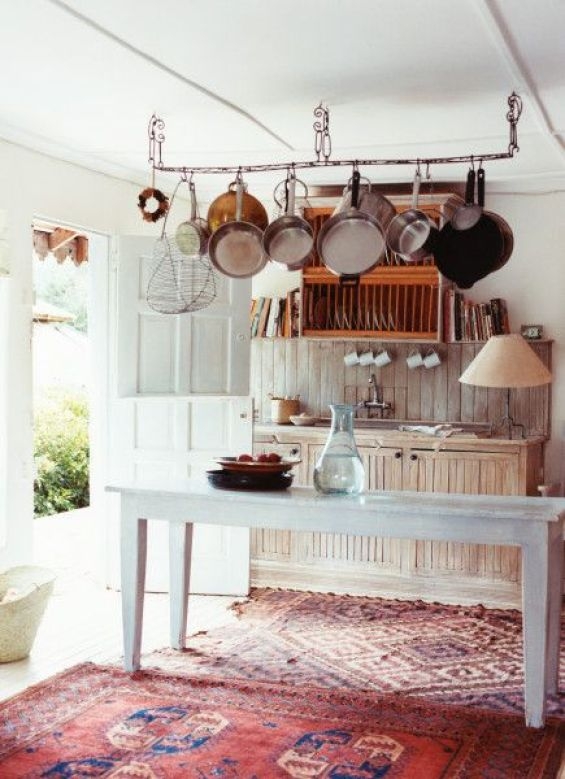 Kitchen with pot rack