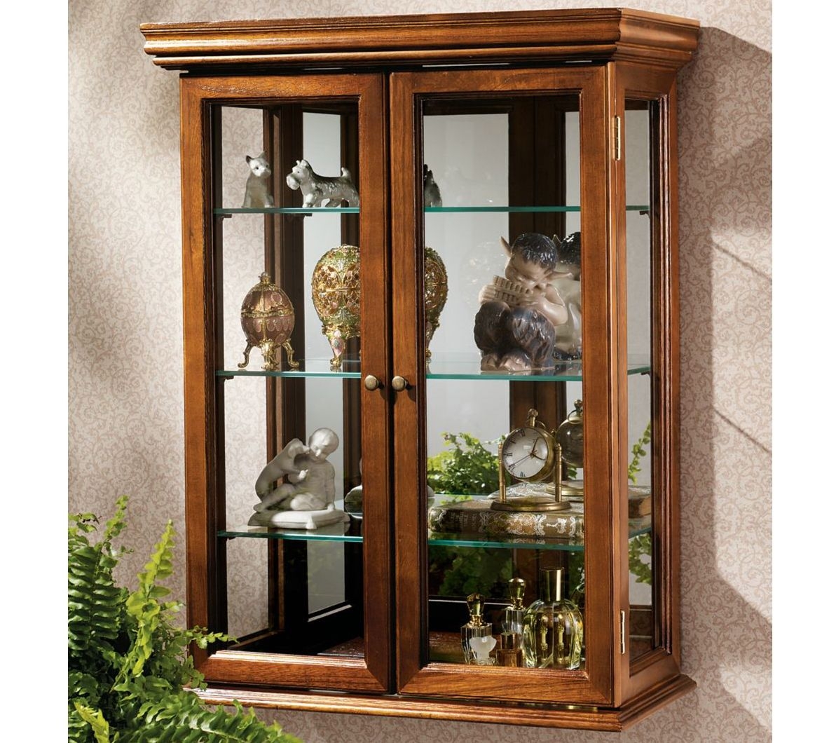 New Hanging Curio Glass Mirrored Display Collectibles Country Shelf Case Cabinet