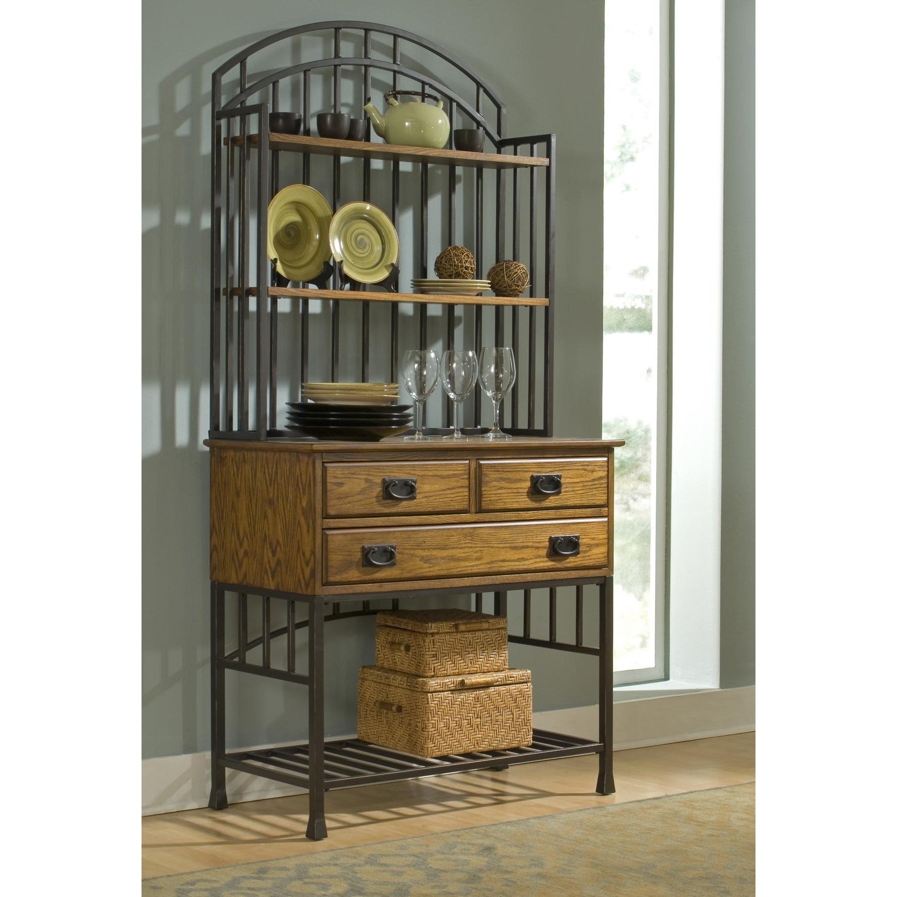 Wrought iron bakers rack with outlet drawers