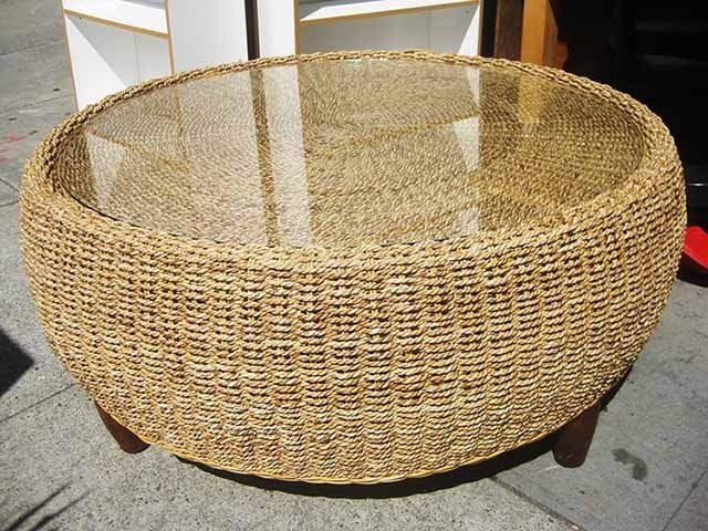Round wicker coffee table glass top