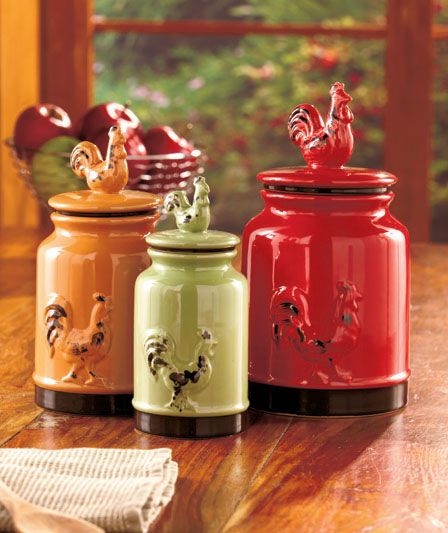 Set Of 3 Rustic Country Rooster Canisters Green 17 Oz Orange 34 Oz Red 59 Oz