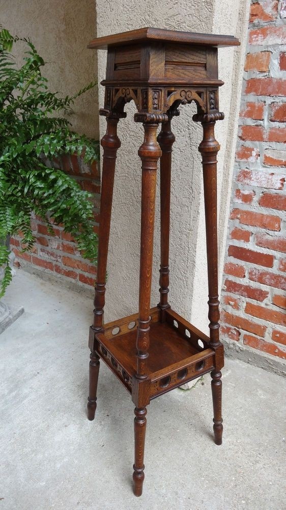 Tall antique french carved tiger oak plant display stand victorian