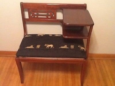 Wood telephone gossip bench chair with corner table vintage