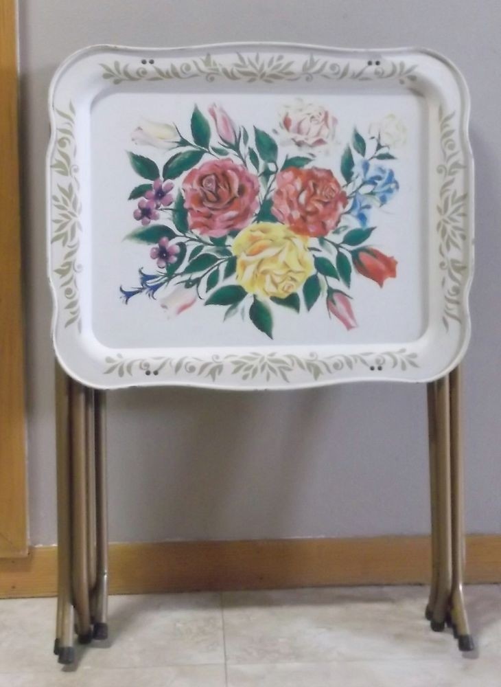 3 Vintage Metal Folding Tv Trays Toile Cottage Roses Floral Design Folding Stand