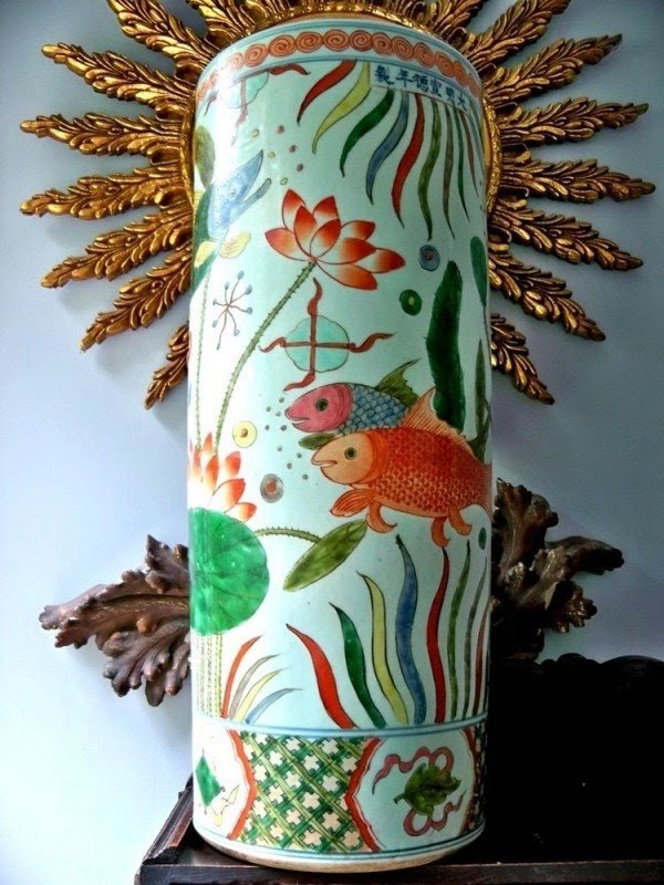 Antique chinese fish ceramic porcelain umbrella stand holder vase large