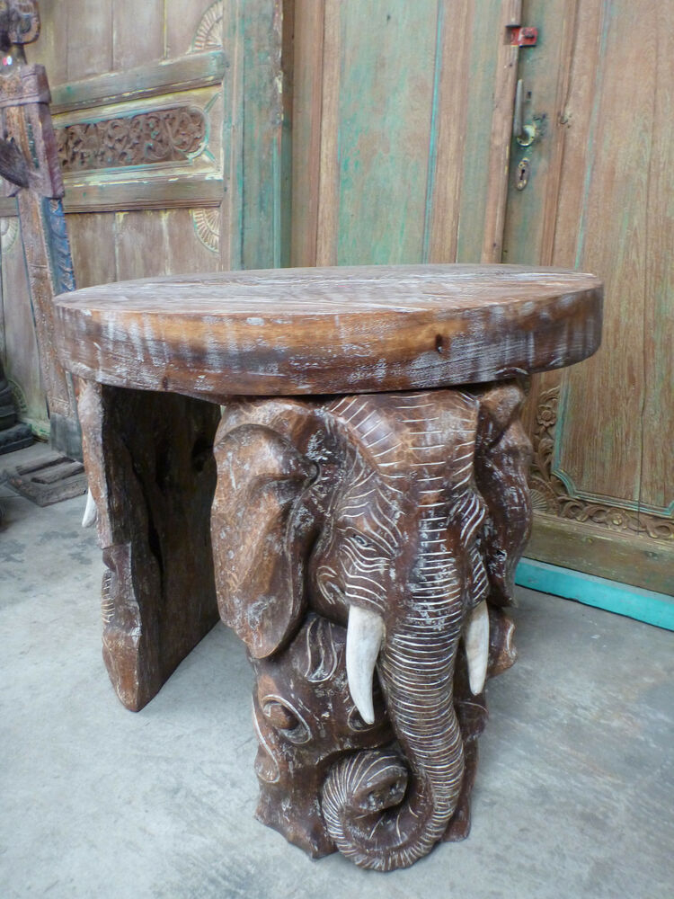 Balinese Hand Carved Elephant Coffee Side Table Unique Saur Wood Round
