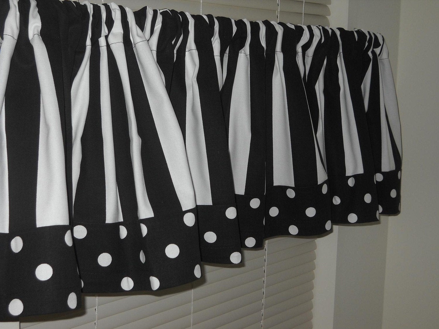 Two Black and White Striped Valance Curtains with Black and White Polka Dot Trim 