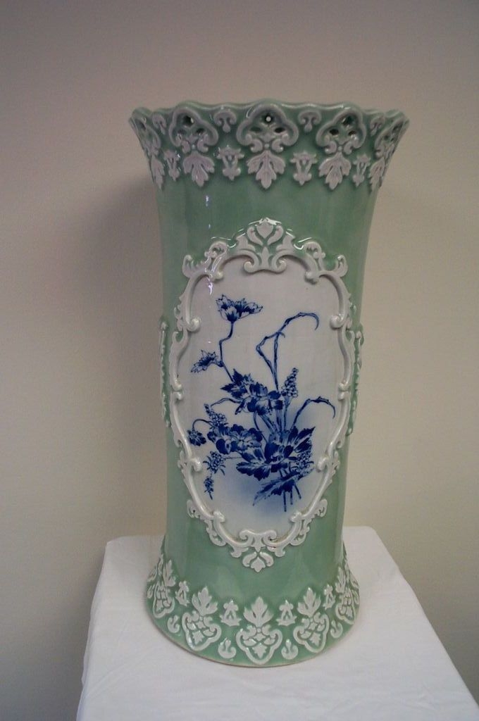 Celedon pottery c1890 raised overall design celery color back round