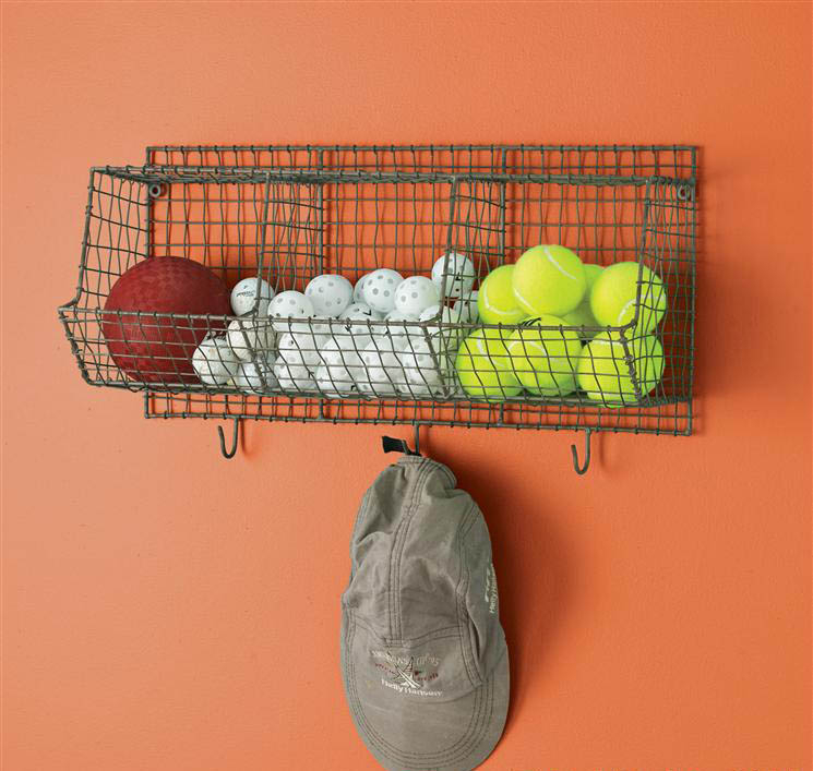 Wood And Metal Wire Cubby Wall Shelf With Hooks