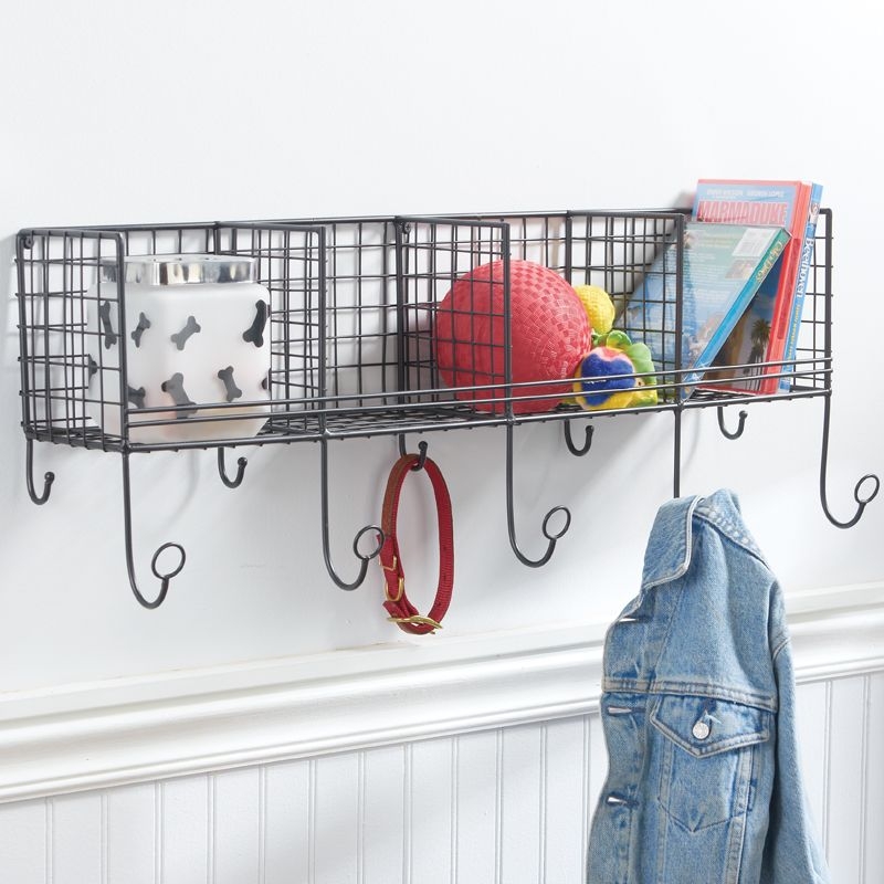 Metal wall shelf 2025 with baskets and hooks