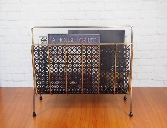 Midcentury modern magazine rack black and gold by fireflyvintagehome