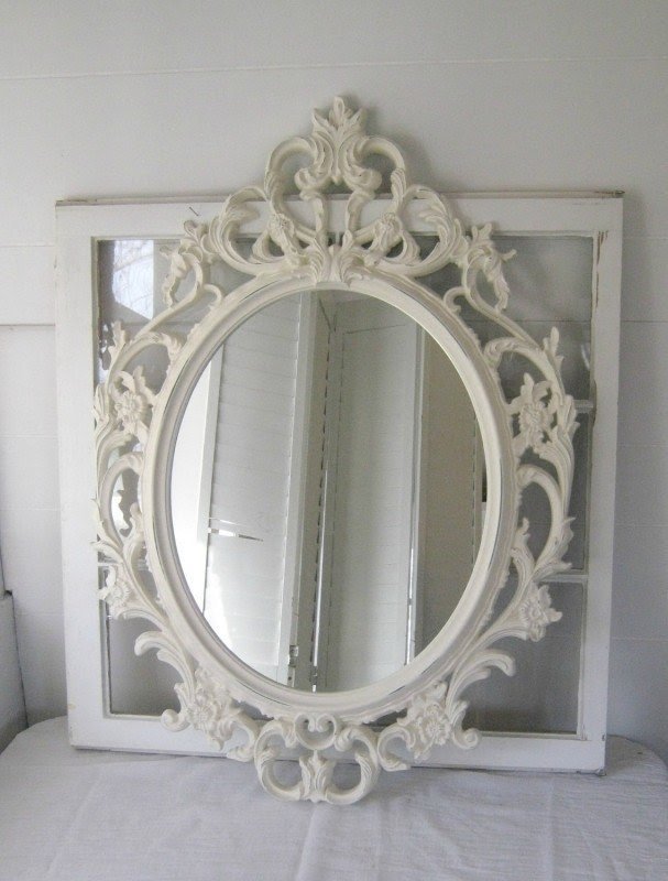 Ornate antique white oval mirror antique