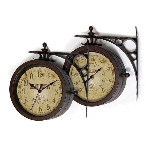 Outdoor Rustic Clock 2 Sided Garden Patio Decoration Time Thermometer Charleston