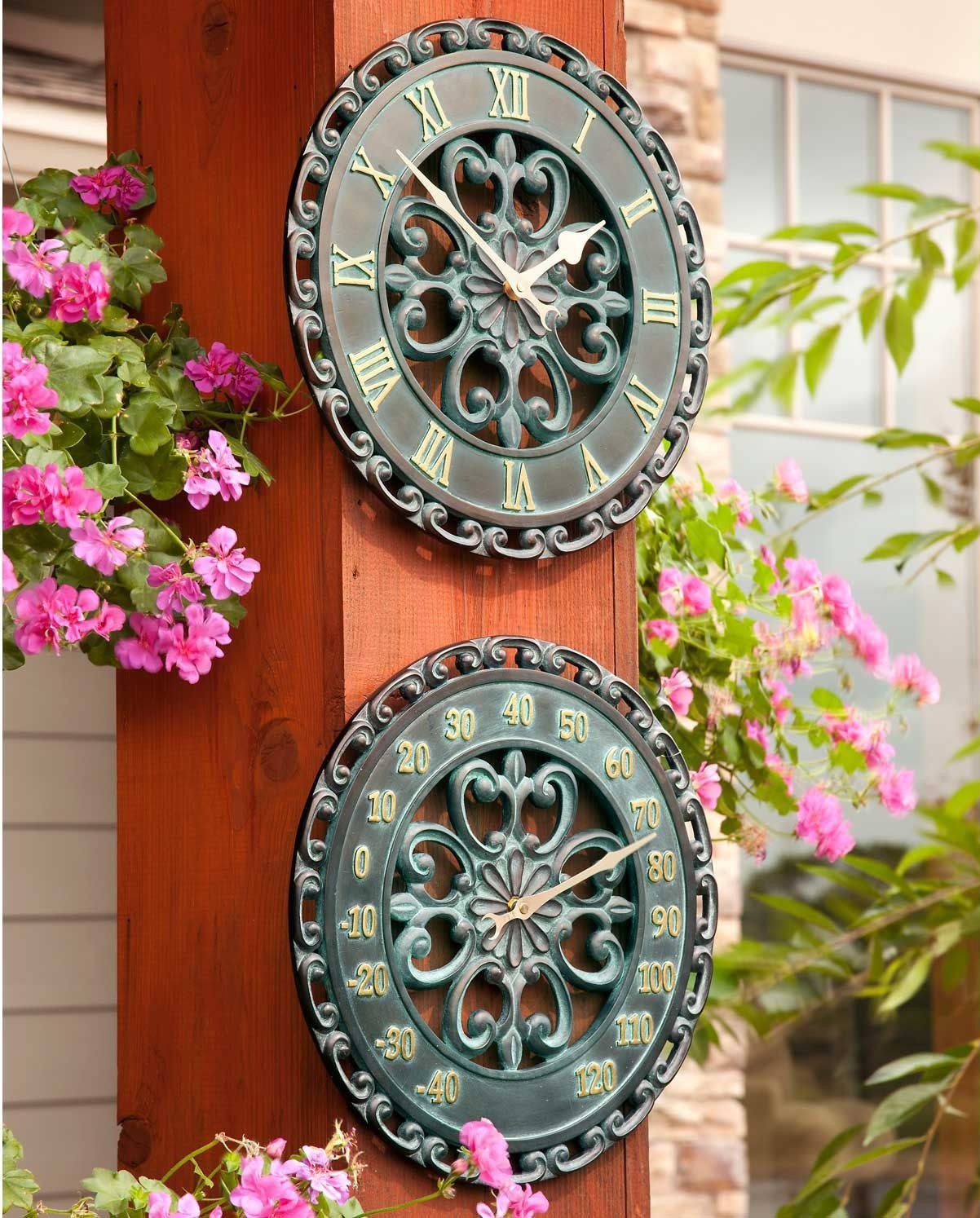 Outdoor Scroll Clock Thermometer Set Garden Deck Patio Lawn Decor Set Of 2